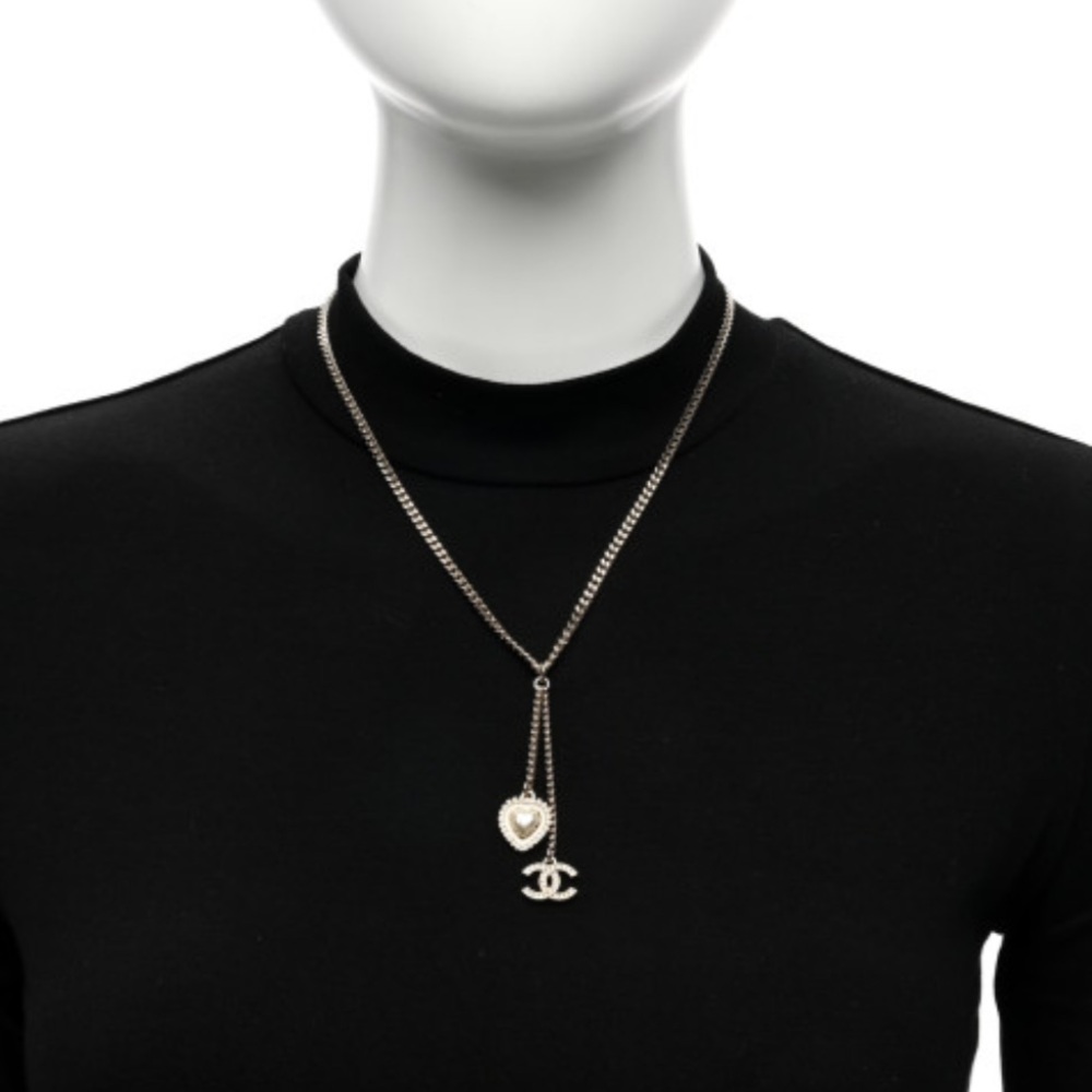 Crystal Pearl CC Heart Drop Necklace Gold White - Picture 13 of 16